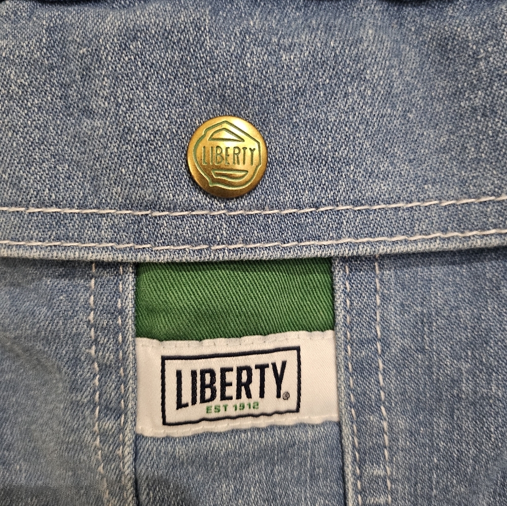 VINTAGE Liberty Blue Denim Short Y2K Overalls with Green Trim XL. - Picture 5 of 12